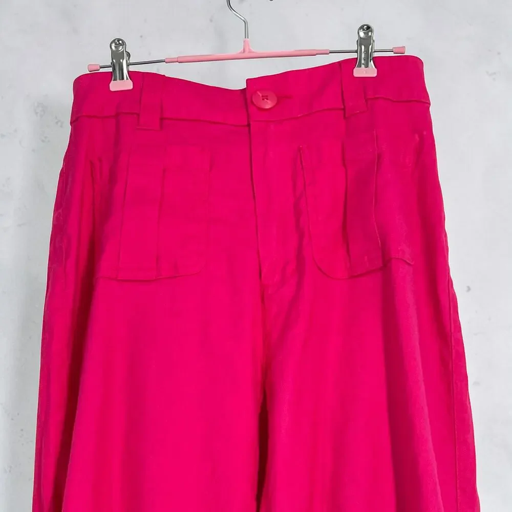 NICOLE MILLER Dark Pink Linen Blend Wide Leg Flared Pants 4  Office Casual